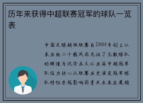 历年来获得中超联赛冠军的球队一览表