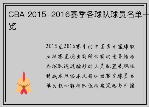 CBA 2015-2016赛季各球队球员名单一览